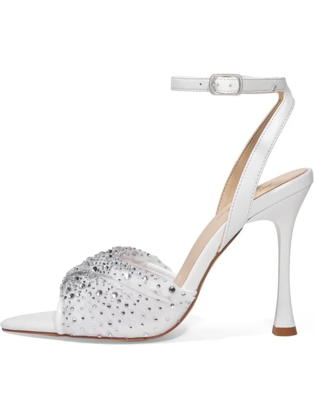 Women's White Mesh Rhinestone 4 Inch Strappy High Heels Sandals Pointed Open Toe